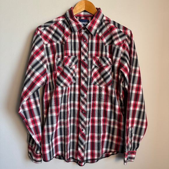 Wrangler Womens Plaid Dark Pearl Snap Long Sleeve Shirt XXL (18-20) Western Y2K - Picture 1 of 12